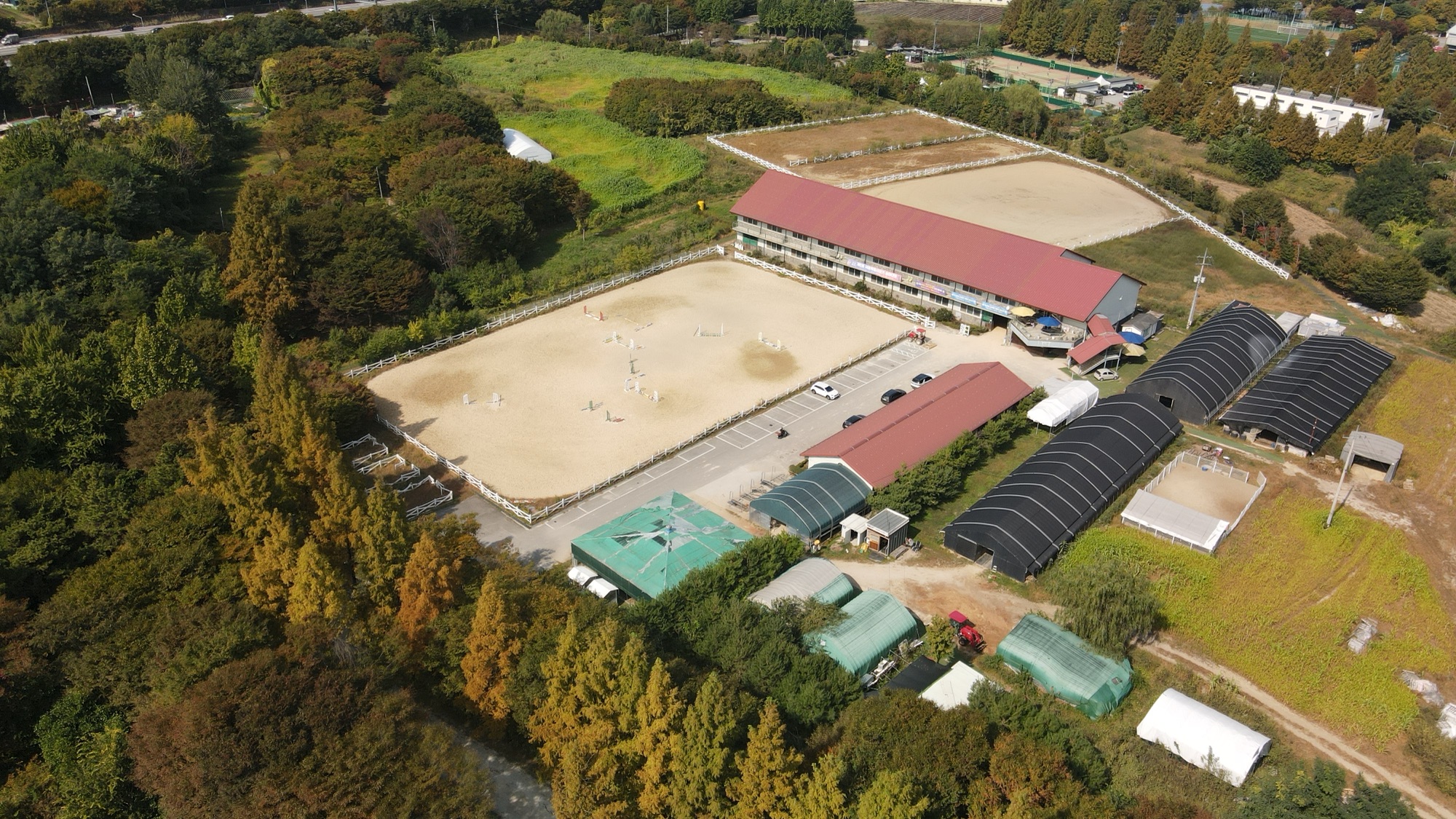 Guri Riding Grounds from above: the outdoor arena, the red-roofed clubhouse and the stables, surrounded by metasequoia trees