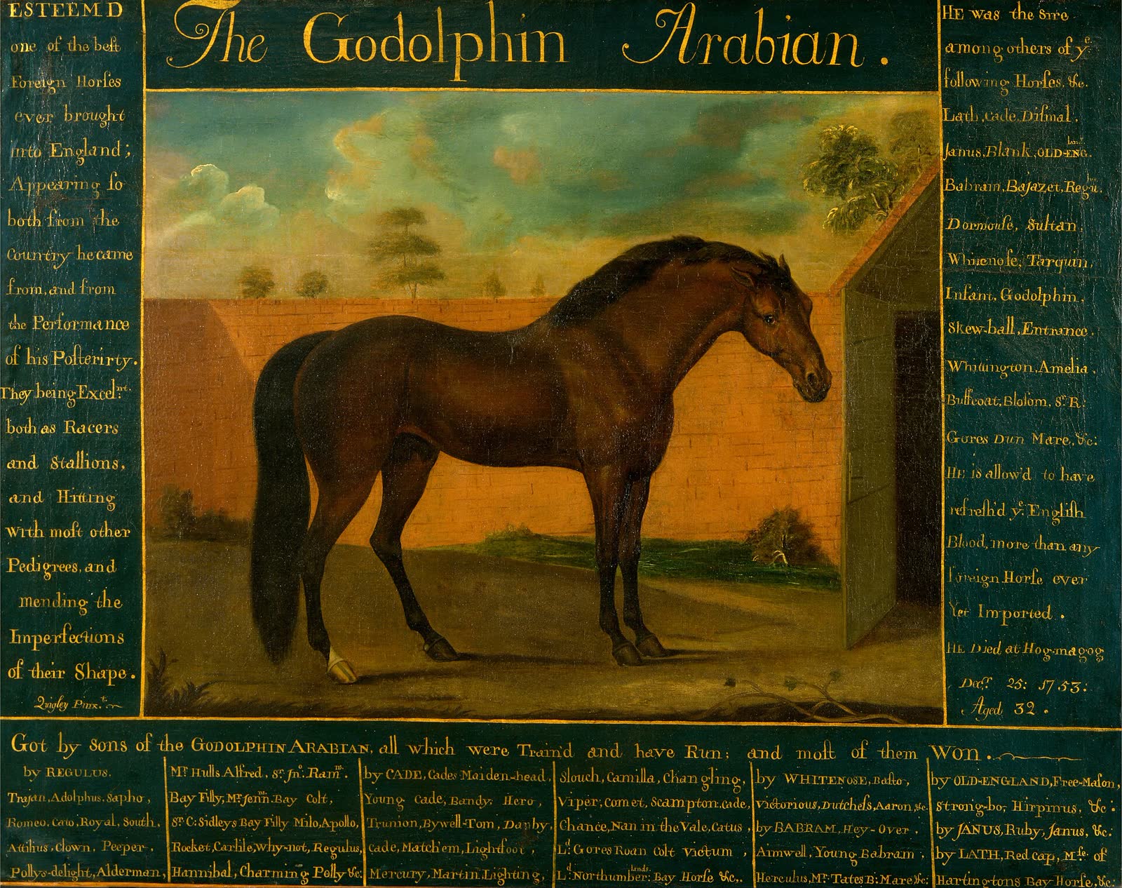 18세기 유화. 벽돌담 앞에 옆모습으로 선 갈기가 검은 밤색 말을 그렸고, 위쪽에 'The Godolphin Arabian'이라는 글씨, 양옆과 아래에 자손 이름이 적혀 있다