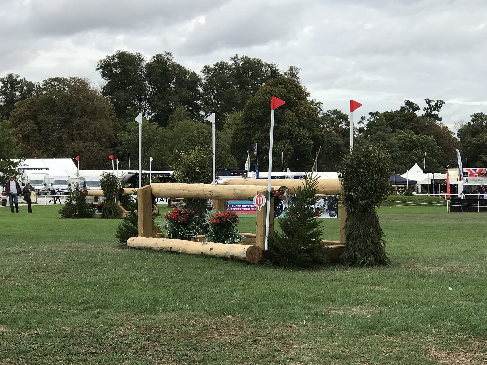 A cross-country fence built from logs on grass, with red and white flags and a number 10 marker, flanked by small trees and pots of flowers